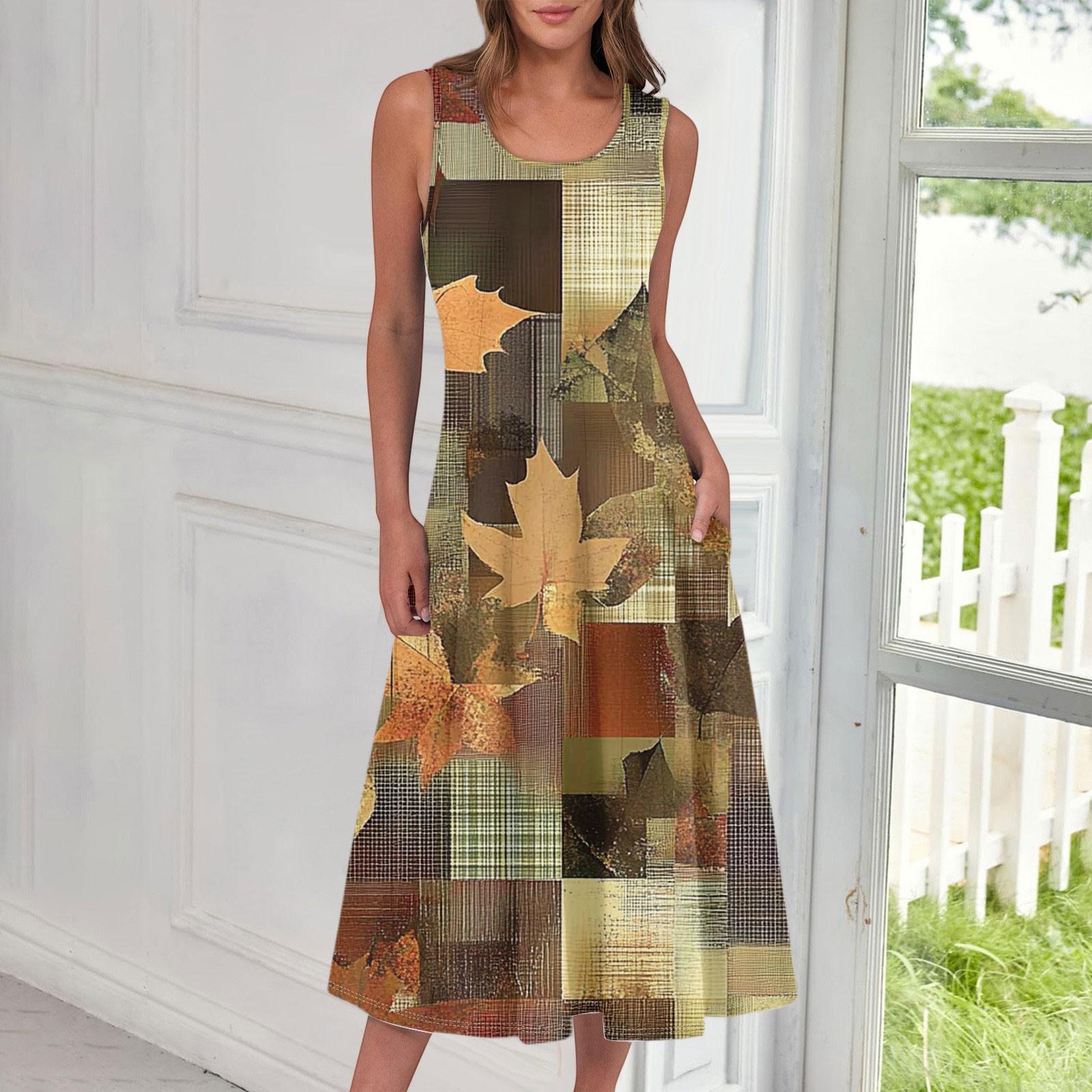 Women s Casual Fashion Floral Print Round Neck Sleeveless Midi Dress L