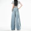Spring Summer Tencel Fabric Back Pocket Button Design Wide Leg Denim Pants For Women Casual Pants Oversize Denim Trousers