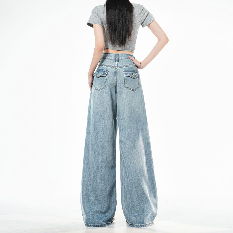 Spring Summer Tencel Fabric Back Pocket Button Design Wide Leg Denim Pants For Women Casual Pants Oversize Denim Trousers