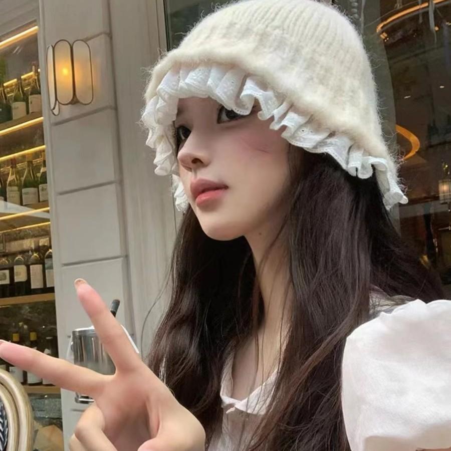 Lazy wind lace knitted bucket hat women's autumn and winter versatile thermal basin hat showing face small wool hat