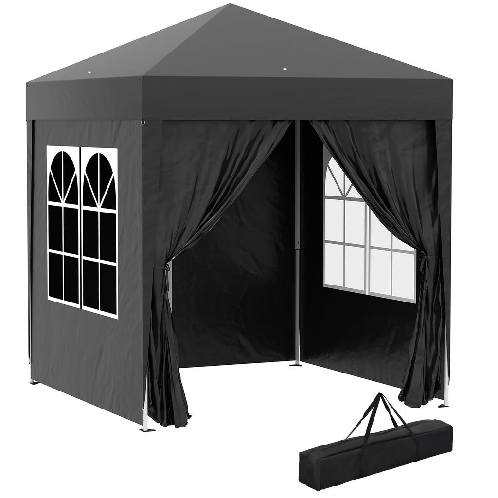 Faltpavillon, Biergartenpavillon, 4 abnehmbare Seitenwände, 2 Fenster, Metallgestell, 2 x 2 m, Schwarz