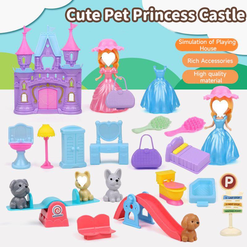 Cute Cat and Dog Pet Basket Family Toys Pretend To Play Toys Dog Doll Set Mini Animal Scene Toys Kids Player Toys