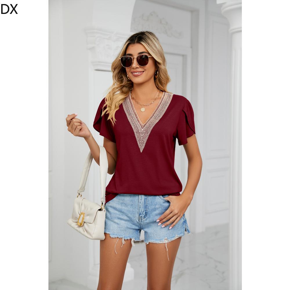 DX весна/лето новая однотонная футболка с короткими рукавами и золотым кружевом — фото 5