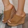 Women's Summer Wedge Thick-Soled Suede Peep-Toe Slide Sandals, Fashionable Casual Footwear, Available In Large Sizes.