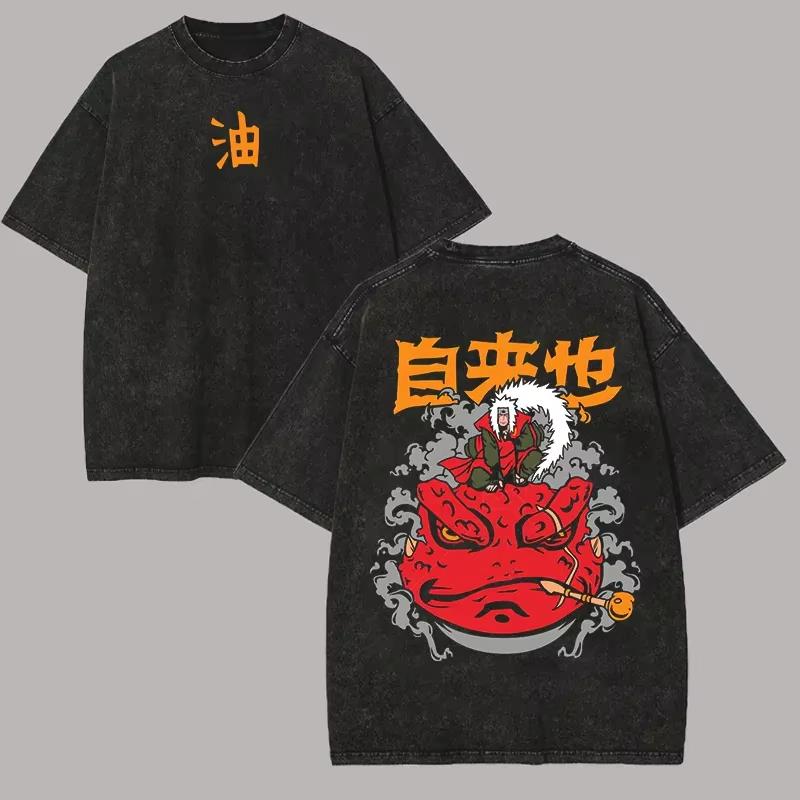 Anime Naruto Final Secret Message Jiraiya Graphic Print T-shirt Men Women Vintage Washed O-neck Cotton Summer New Tee Loose Casual Oversized Top