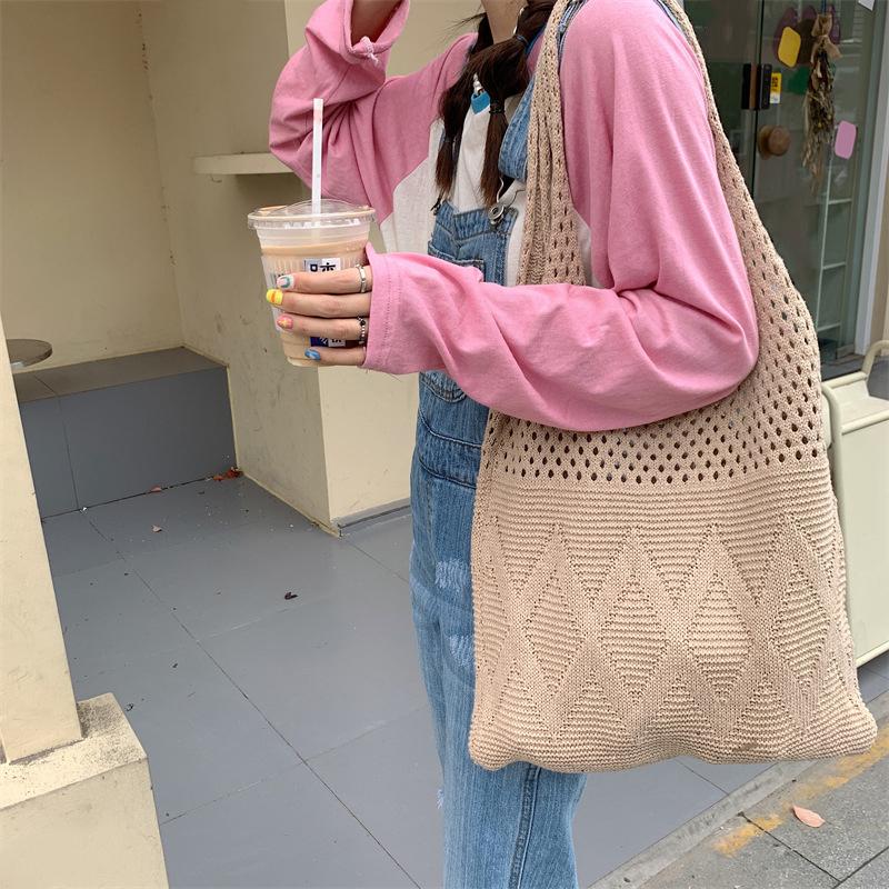 Yogodlns Wool Knitted Shopping Tote Bag for Women Vintage Cotton Girls Shoulder Bag Large Capacity Female Handbag Crochet Bag