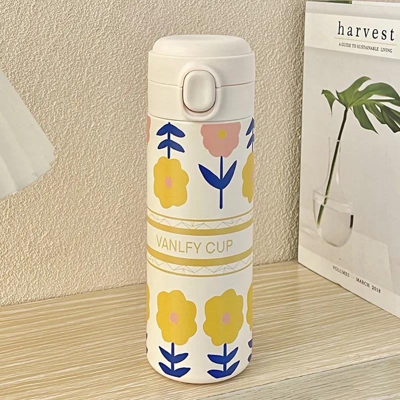 Stainless Steel Insulated Cup Cute Cartoon Flowers Korean Version Tulip Thermos Cup with Lid Portable Simple Water Drink Bottle