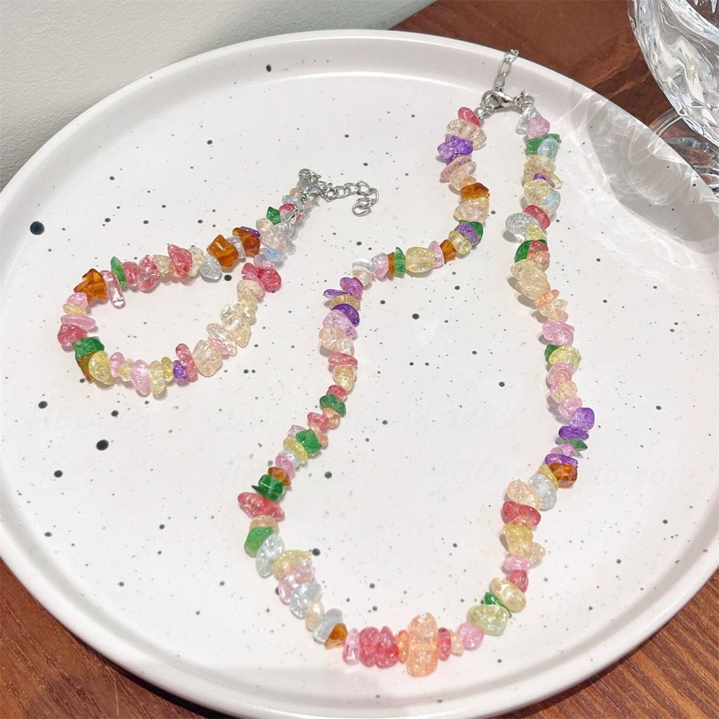 JMXD-Candy Color Irregular Glass Bead Necklace Natural Stone Embellishment Small Fresh Personalized Design Fashion Collarbone Chain Trend Must-have