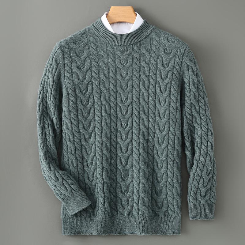 Men's 100% Pure Wool Round Neck Sweater – Autumn/Winter Thick Knit, Casual Loose Fit, Inner Cashmere Base Layer.
