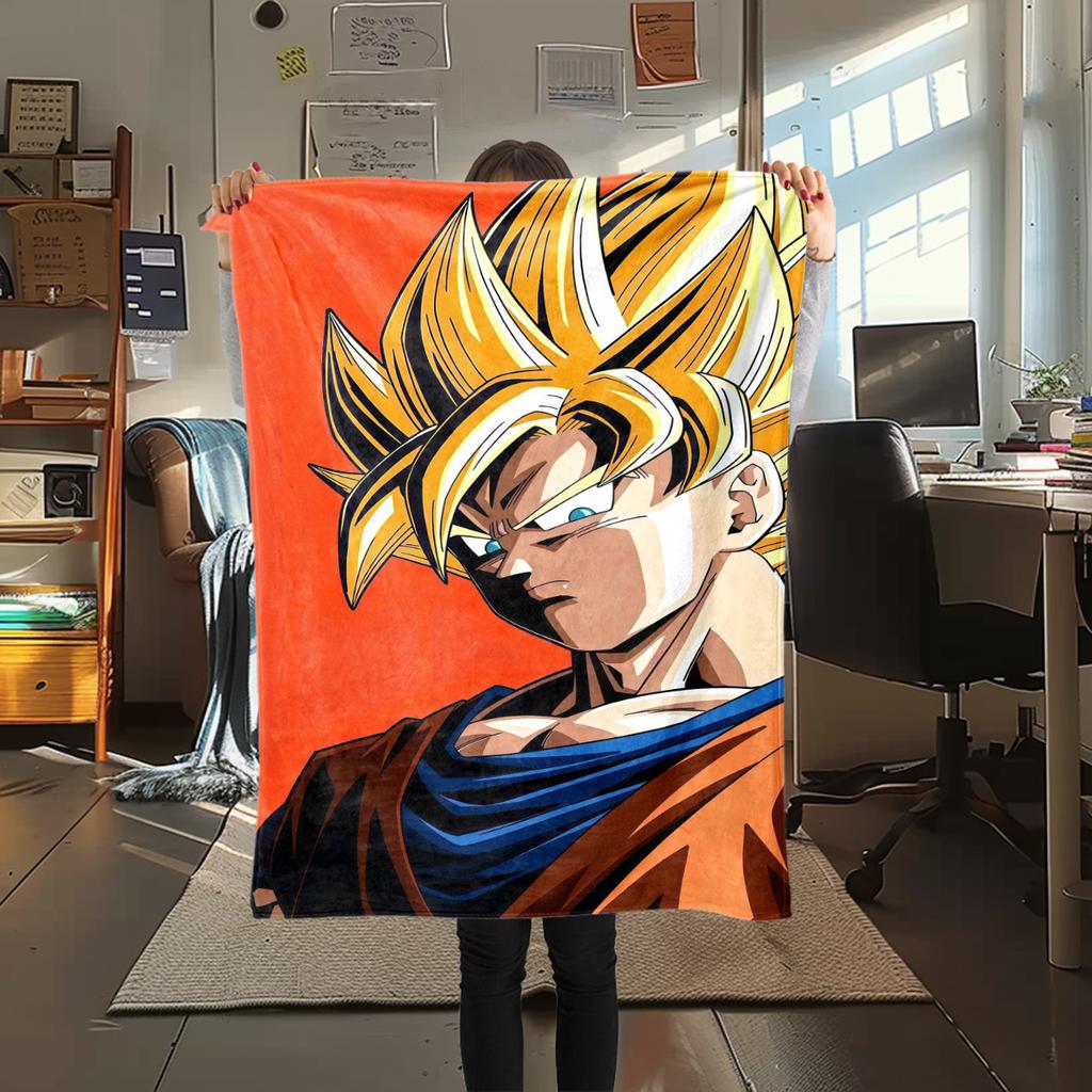1PC Cartoon Son Goku Print Flannel Blanket, High quality All Seasons, Home Decor, Warmth and Comfort, Perfect for Christmas Gifts