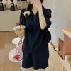 2 Pcs/Set Women Summer Sweatshirt Pants Set Short Sleeve Zippered Turn-down Collar Top Drawstring Elastic Waist Loose Sweatpants Tracksuit Pansuit