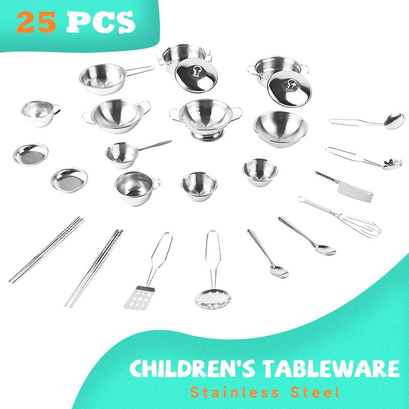 Non-Toxic 25Pcs Kitchen Pretend Play Accessories Toy With Stainless Steel Cookware Pots And Pans Setcooking Utensils Gifts Learning Tool