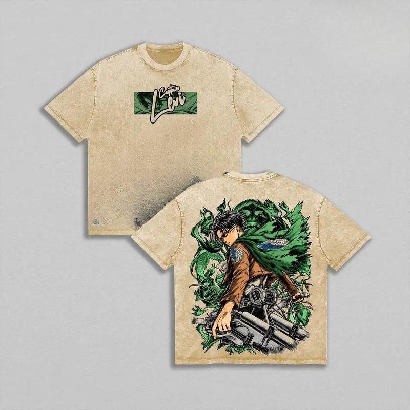 Attack On Titan Levi Print T-shirt Men Women Tshirts Short Sleeve Cotton Clothing Vintage Washed T Shirt Casual Loose Streetwear
