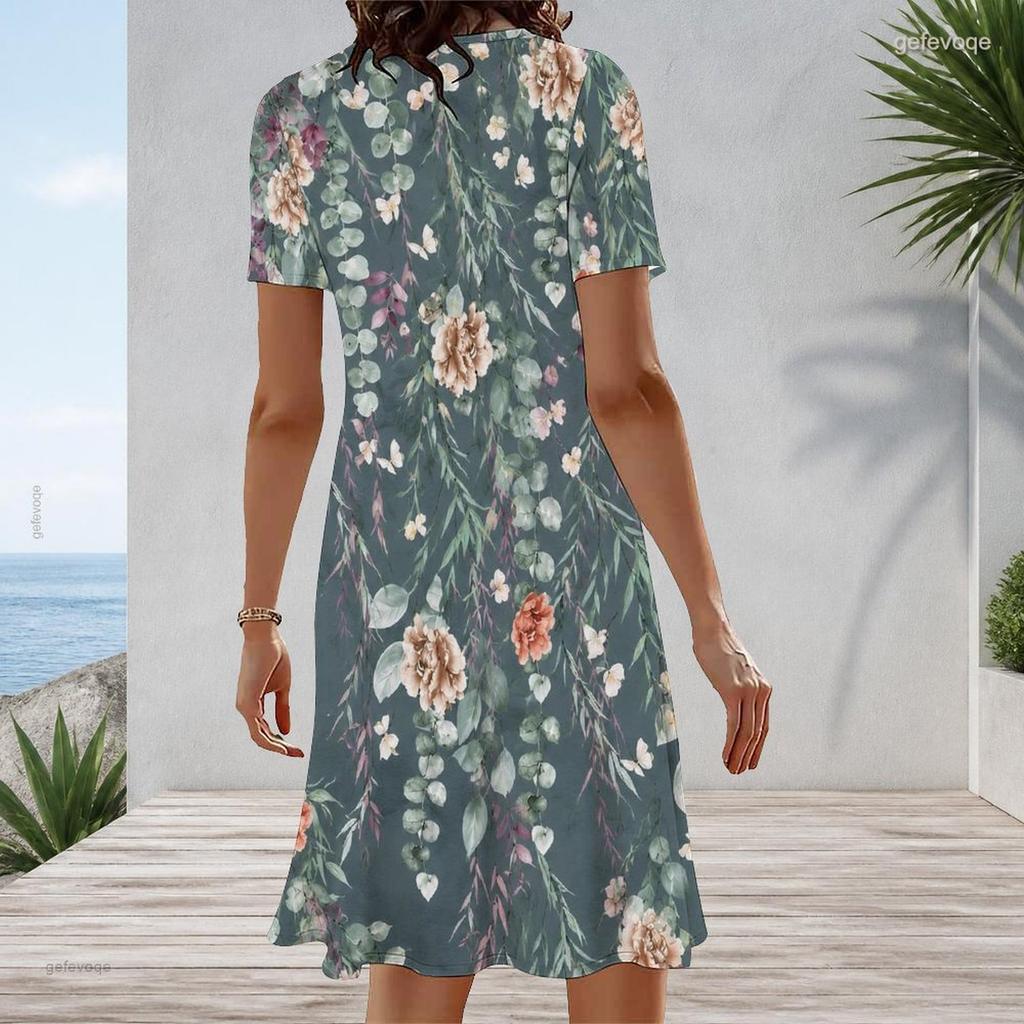 Women Plus Size Round Neck Short Sleeve White Hot Pink Printed A Line Dress