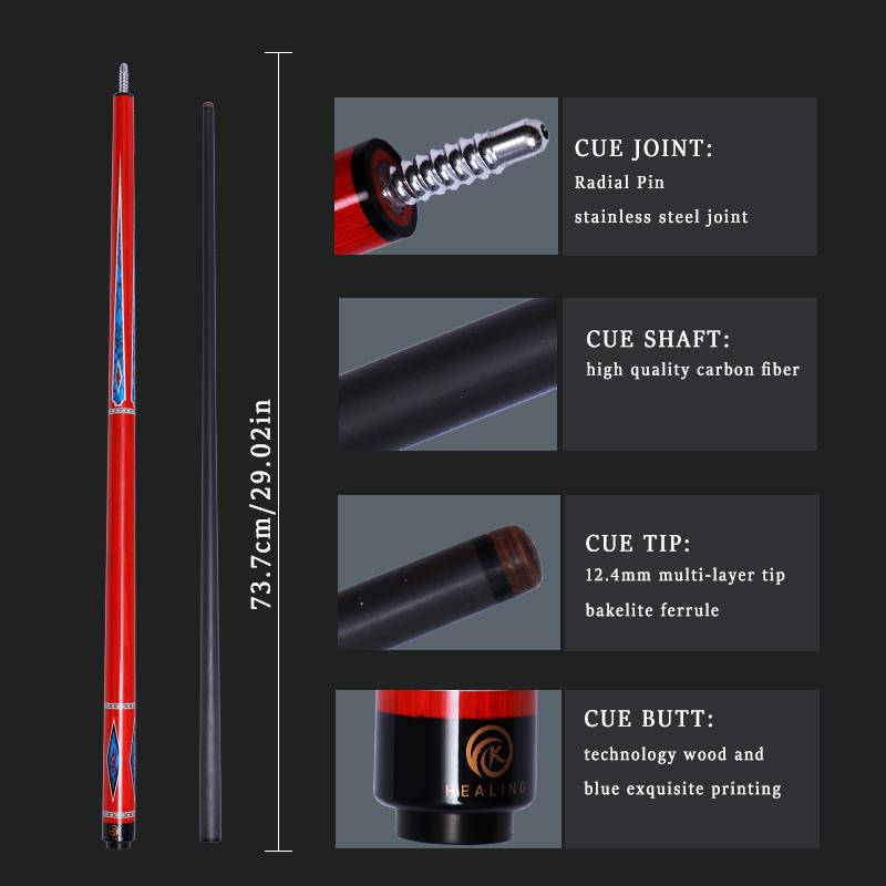 OKHEALING Carbon Fiber Pool Cue Black Technology Billiard Cue Sticks 12.4mm Tip Radial Pin Joint 147cm Length 19~20oz Weight, Red