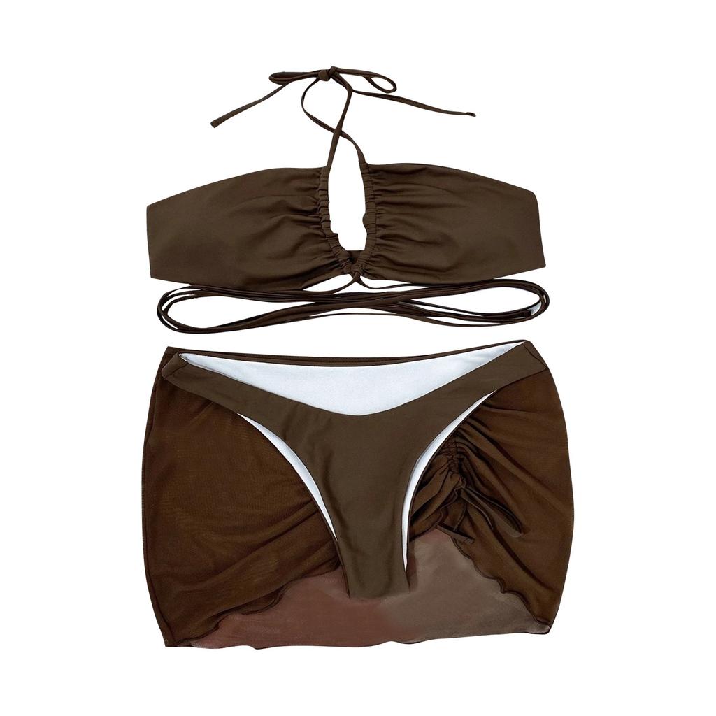 Women's Three Piece Swimsuit Set Two Piece Bikini with Skirt Cover Up Strappy Design Ruched Detail Adjustable Ties Beachwear Swimwear