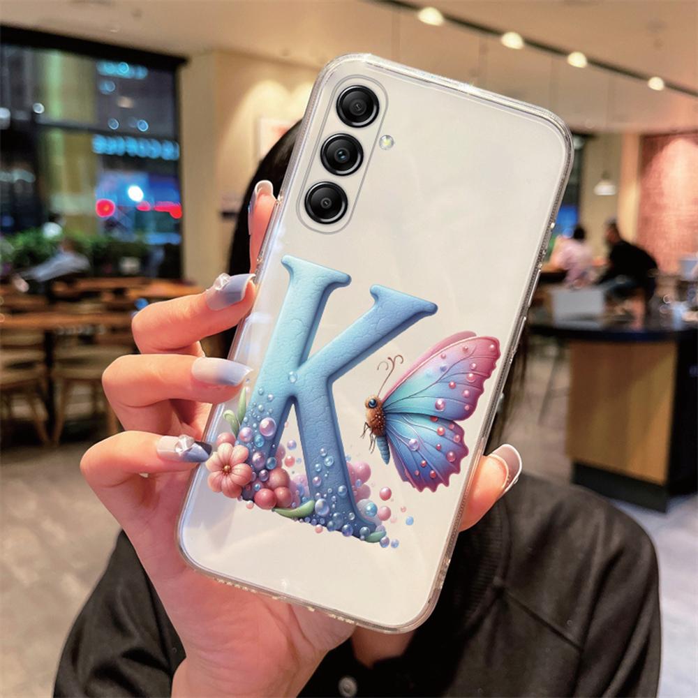 For Samsung Galaxy A54 A14 A34 A24 Blue Butterfly Flower Letters A-Z Couple Phone Case Transparent Clear Silicone Bumper Cover