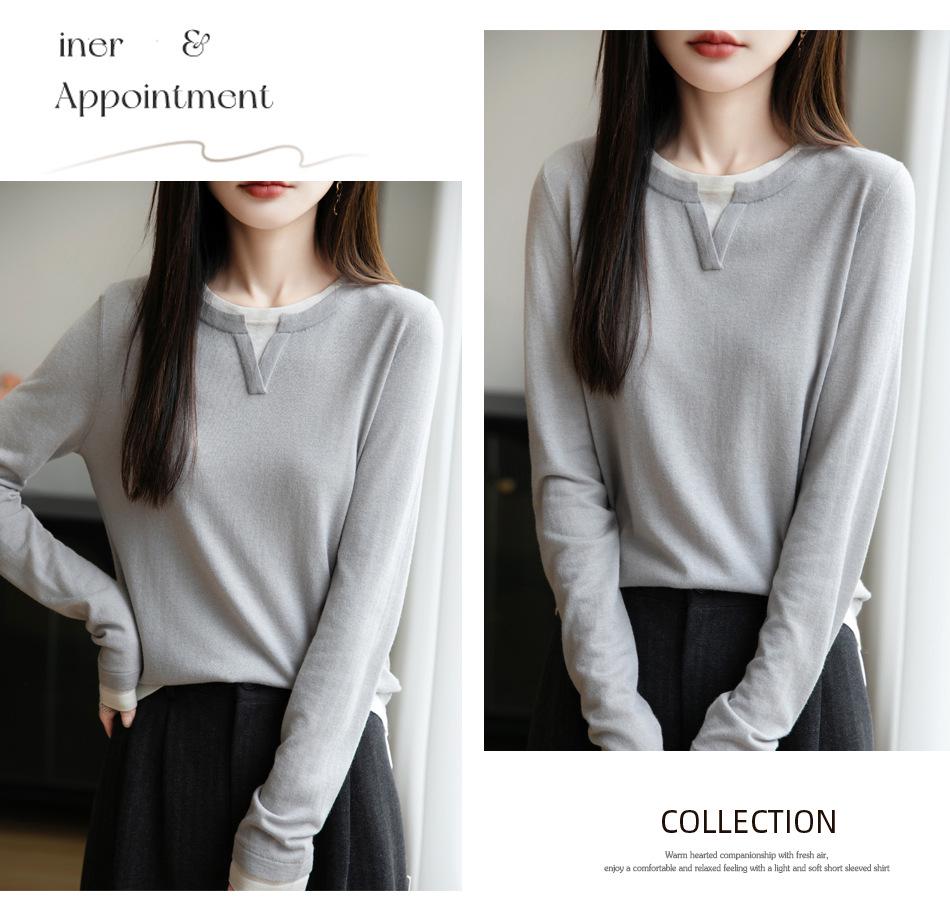 Women's 2025 Autumn/Winter Round Neck Two-Piece Look Wool Knit Long Sleeve Versatile Pullover Sweater Top