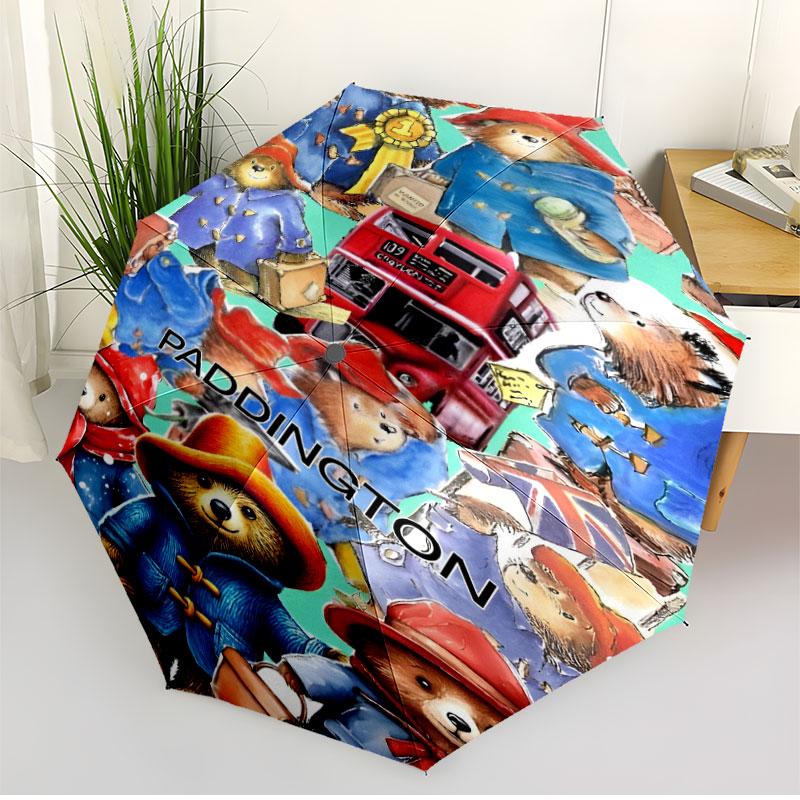 Paddington Bear Print Automatic Open Close Umbrella, Portable Foldable Umbrella, for Outdoor Commute Camping Trip, Ideal Birthday Gift