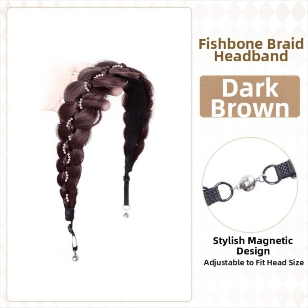 Pearl Adjustable Fishtail Braid Headband Synthetic Easy Wig Headband  for Women темно-коричневого