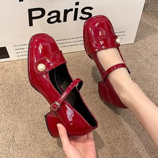 Fashion Red Mary Jane Heels Women Shoes 2024 Fashion Retro Square Toe Hollow Out Casual Mary Jane Shoes Women Platform Shoes Zapatillas