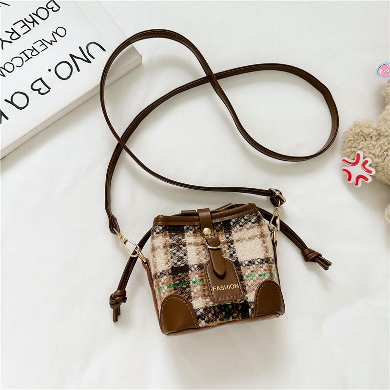 

Bucket Handbag Childrens Daily Match Girls Stylish Suitable Singleshoulder Brown Plaid