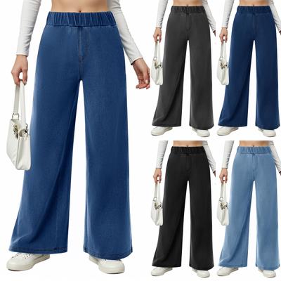 Jeans da donna a gamba larga elasticizzati a vita media con elastico, pantaloni in denim larghi e ampi con tasche, casual alla moda