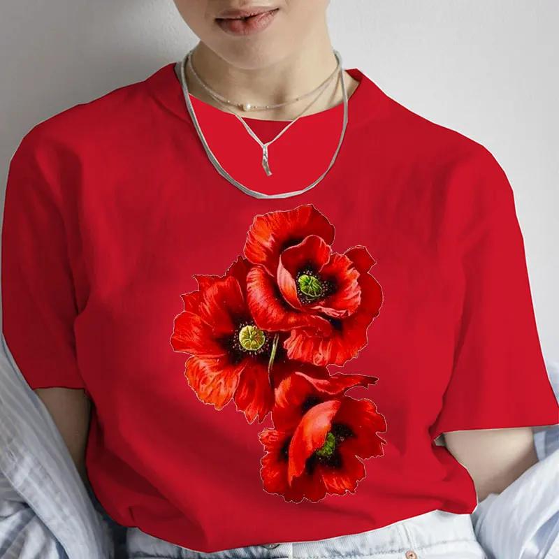 Fashion Red Poppy Flower Unisex T Shirt Funny Tops Tee Female Short Sleeve Tshirt Harajuku Tee Shirts Female Tee Girls Tshirts