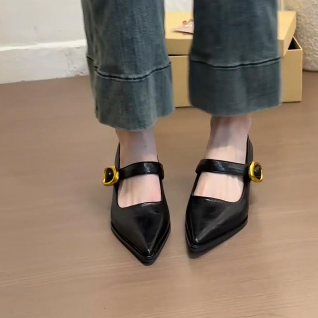 Sheepskin version~ retro metal one-word buckle thick heel small single shoes women's shallow mouth pointed temperament versatile Mary Jane shoes