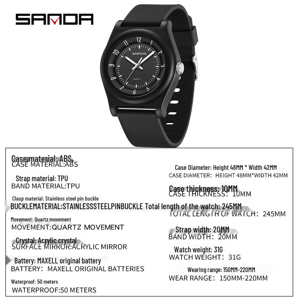 Ceas SANDA Unisex cu Curea de Silicon, Mecanism Quartz, Cadran Mare Luminos și Design Impermeabil