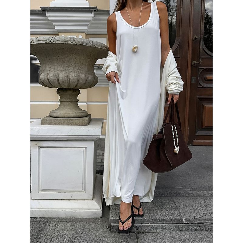 European and American Ladies Dress Simple Women's Clothing Street Casual T-shirt Long Dress Inner Home Wear U-Collar