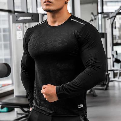 Herren-Sportbekleidung, Fitnessstudio-T-Shirts, langärmlig, Kompression, schnell trocknend, Laufshirts, Rundhals-Sport-Top