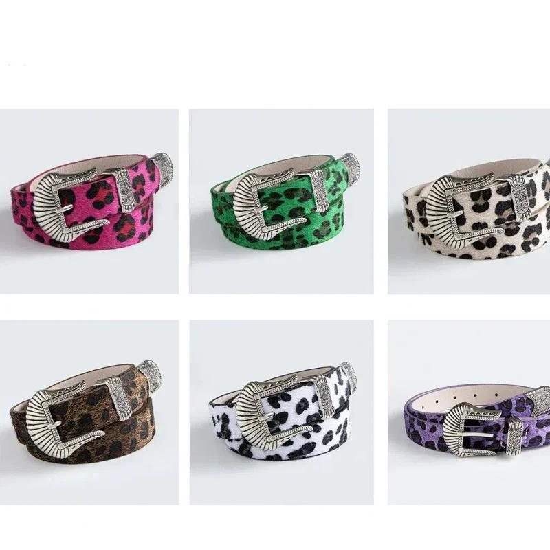 Dopamine Western Buckle Belt–European & American Retro Style Carved Design Imitation Horse Hair with Leopard Print for Fashion