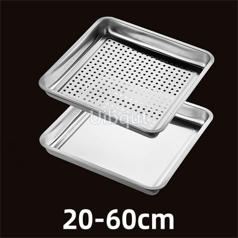 Stainless Steel Rectangle Dinner Tea Tray Double 2 Layer Dumpling Oil Leaking Hole Basin Steaming Draining Hole Plate with Basin