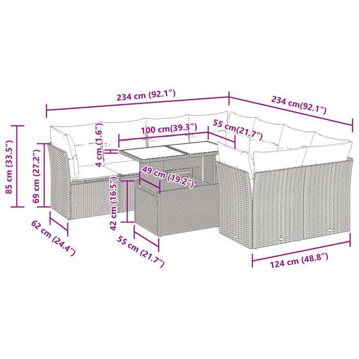 VidaXL Garden Lounge Set 9 Pcs with Light Grey Cushions Wicker 3326133