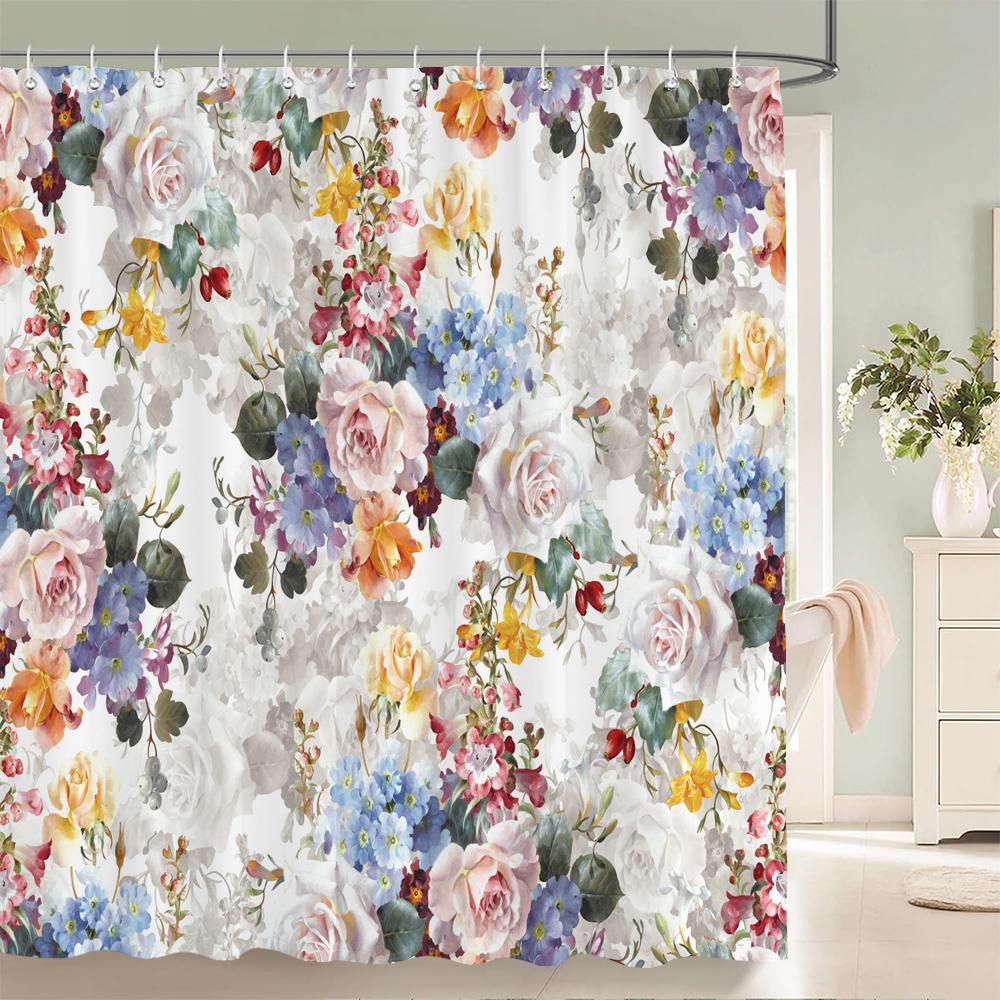 

Waterproof Shower Curtains European Flowers 3D Bathroom Curtains With Hooks Printing Decoration 180*240Cm Washable Bath Screen W60H190(CM)-1 Pcs