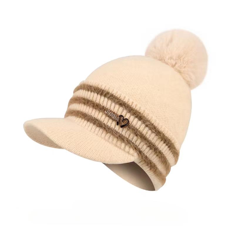 New Autumn and Winter Striped Hat Outdoor Plush Windproof Wool Hat Girl Hairball Ear Protector Knitted Cap