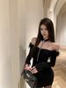 French Sexy Neck Rhinestone One-word Shoulder Tight Splicing Fluffy Hip Skirt Autumn and Winter Women's Long-sleeved Black Dress