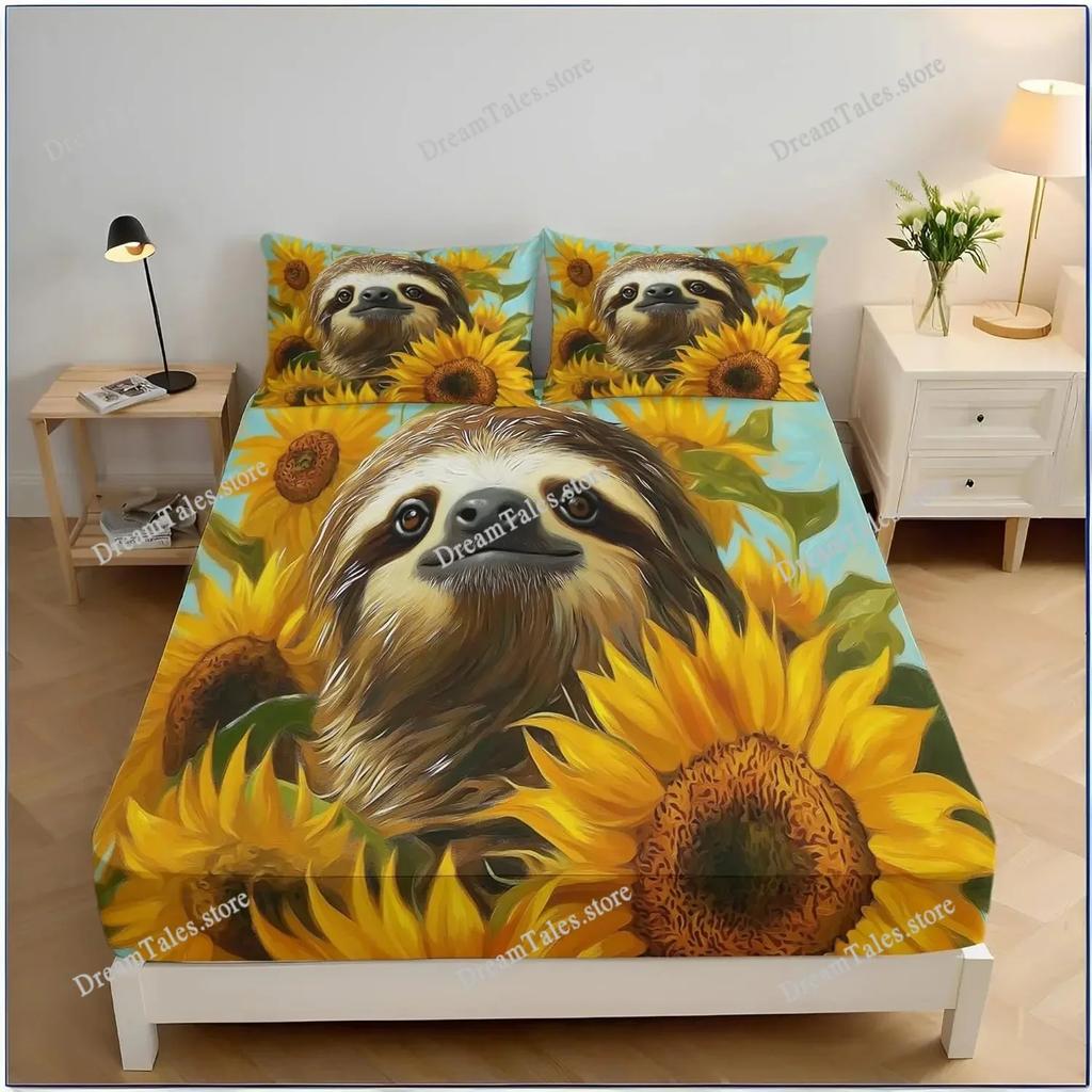 Sloth Sunflower Fitted Sheet, Animals Bed Sheets Wrinkle Shrinkage Room Decor for Teens Boys Girls Home Textileextile369