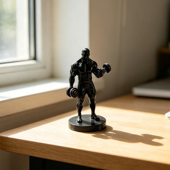 3D Printed Weightlifter Ornament, Black Statue Muscular Man Figurine, with Dumbbells Gym Tabletop Sculpture Gift for People Love Fitness