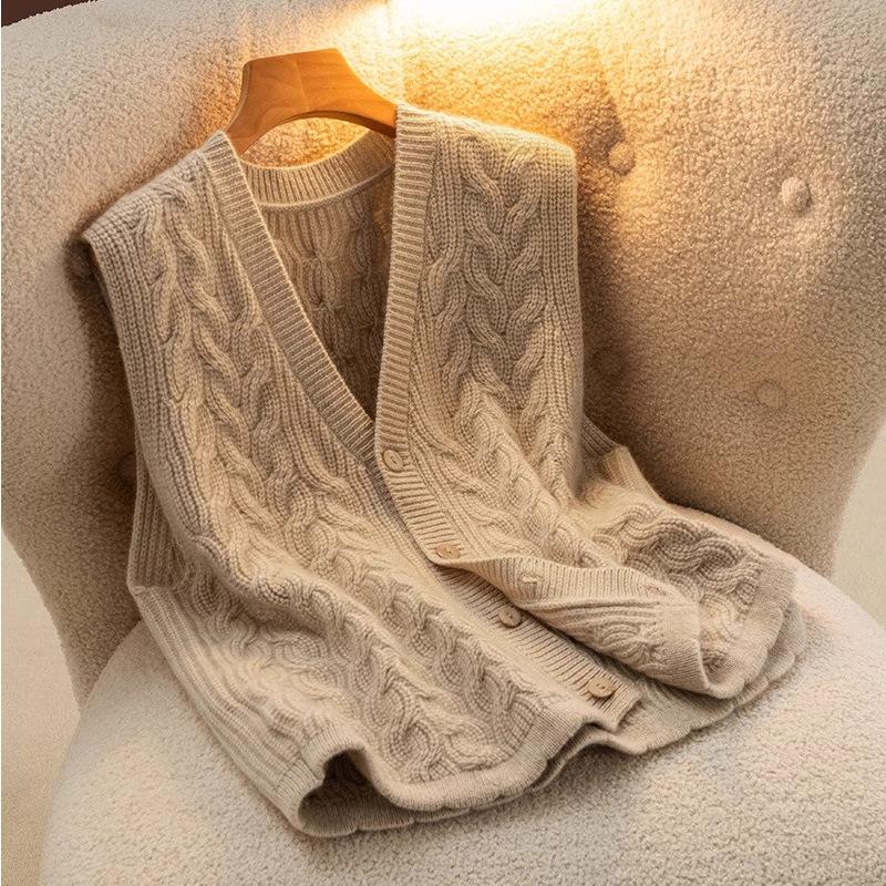 Women Sweater Vest Jumper Knitted Cable Knit Sweaters Button Sleeveless Solid V Neck Single Breasted Thick Loose Fit Autumn