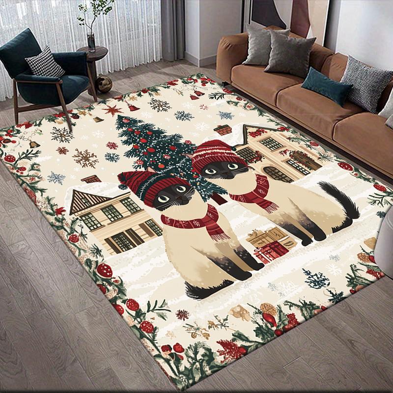 Weihnachtskatze Haus Sofa Dekoration für Wohnzimmer & Schlafzimmer, Rutschfeste Spiel-Flanell-Bodenmatte für Spielzimmer