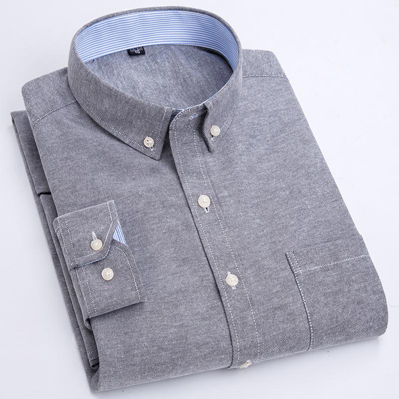Men's Oxford Cloth Button-Down Shirt - All-Season, Long-Sleeved, Contrast Collar, Casual Cardigan Style for Middle-Aged and Elderly