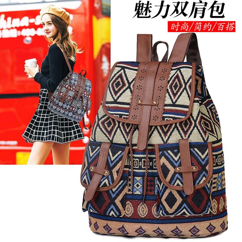 New retro pattern backpack canvas women's bag fashion personality travel strap small backpack