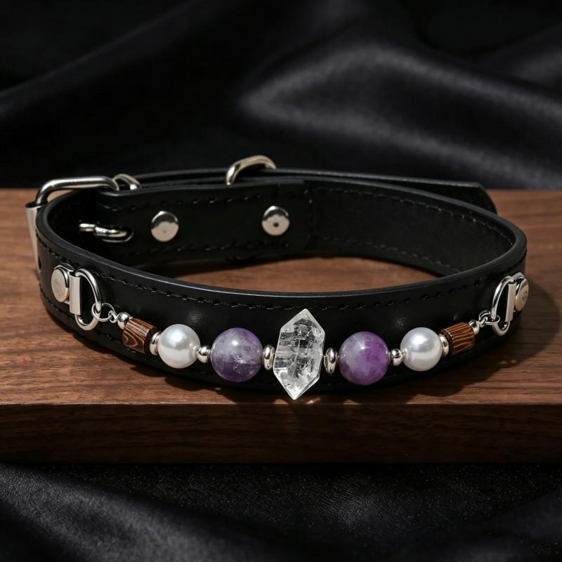 Natural Crystal Pet Collar Cats Dogs PU Leather Necklace With Raw Stone Beads Vintage Style