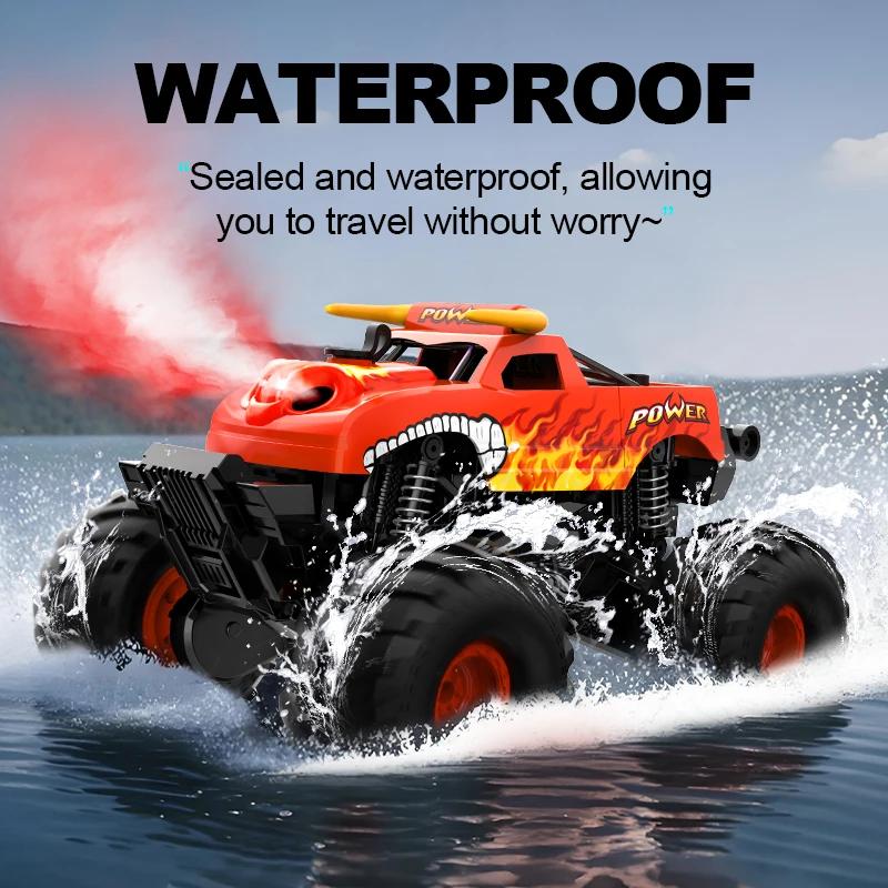 Amphibious RC Monster Truck, 2.4GHz Off-road Car with Mist Spray, 360° Rotation, Waterproof, 1 Click Stand Up for Kids
