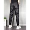 Men's Trendy Casual Elastic Slim-Fit Leather Motorcycle Harem Pants with Multi-Pockets for Fall/Winter.