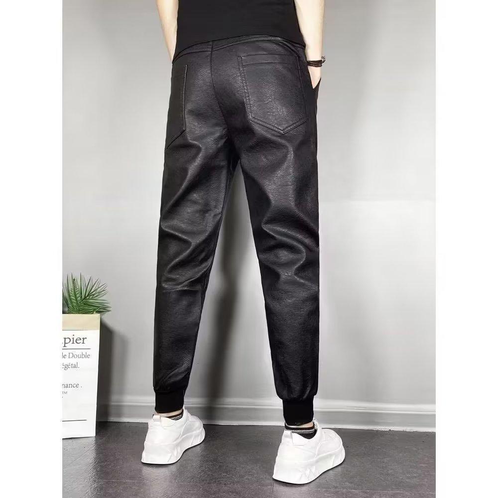 Men's Trendy Casual Elastic Slim-Fit Leather Motorcycle Harem Pants with Multi-Pockets for Fall/Winter.