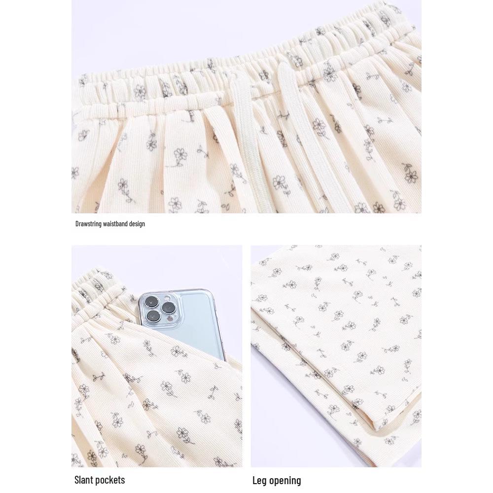 Petite White Floral Women's Summer Sweatpants, Thin Wide-Leg Loose Fit Joggers, XS