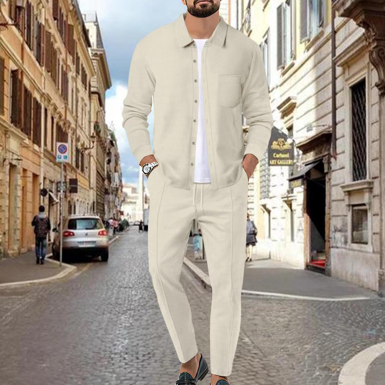 

2024 Men s Waffle Solid Color Long Sleeve Shirt & Pants Set XXXL хаки